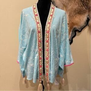 Skemo Boho Chic Splatter Print Kimono Tassels Cover Up Resortwear Vacation Beach